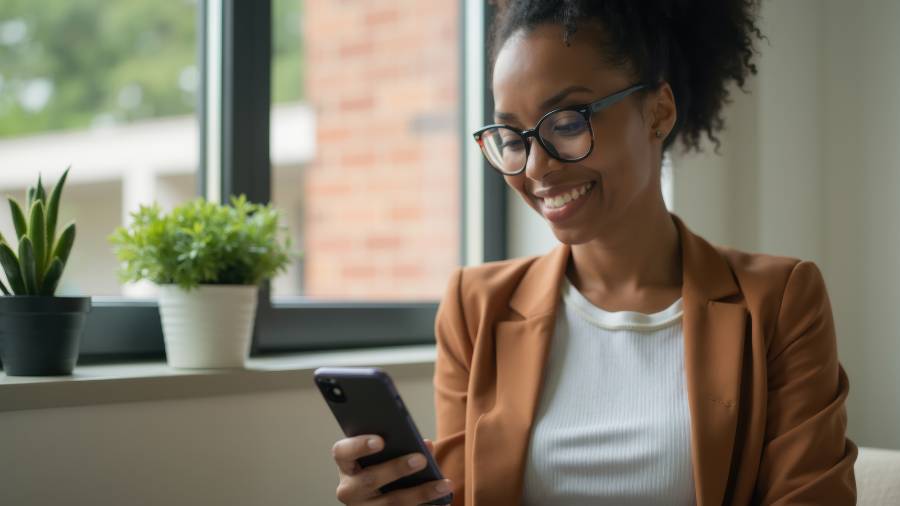A woman is smiling while looking at her cell phone