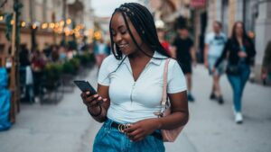 Smiling Black Woman with Braids Using Smartphone While Standing